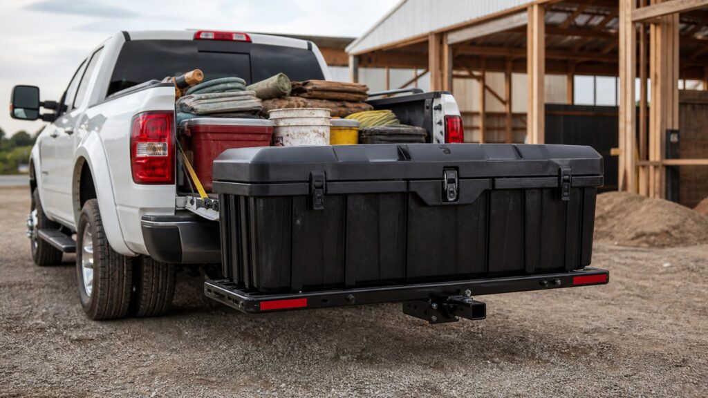 hitch mounted storage boxes shopping setup for work truck hauling needs with practical vehicle-focused details