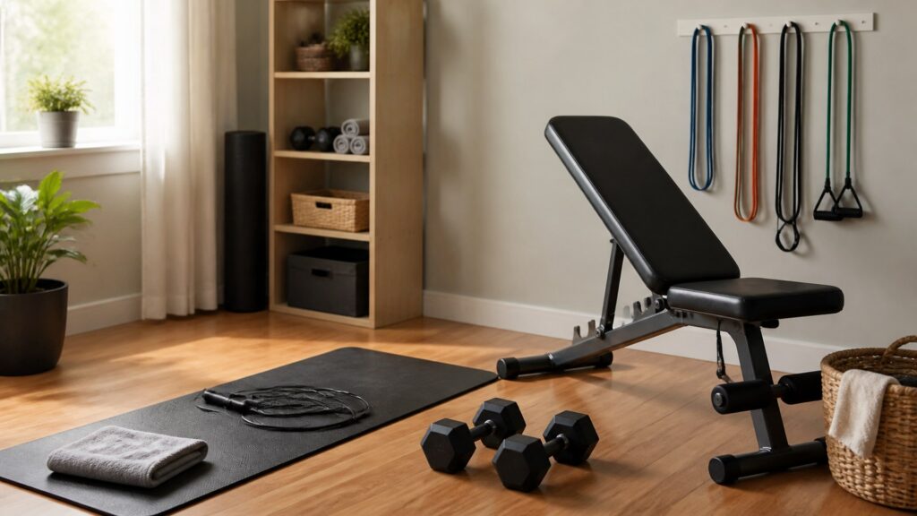home gym equipment for budget-friendly setups arranged in a practical buyer guide scene