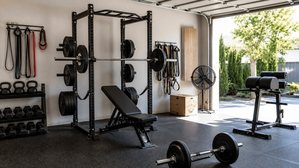 home gym equipment for garage gyms arranged in a practical buyer guide scene