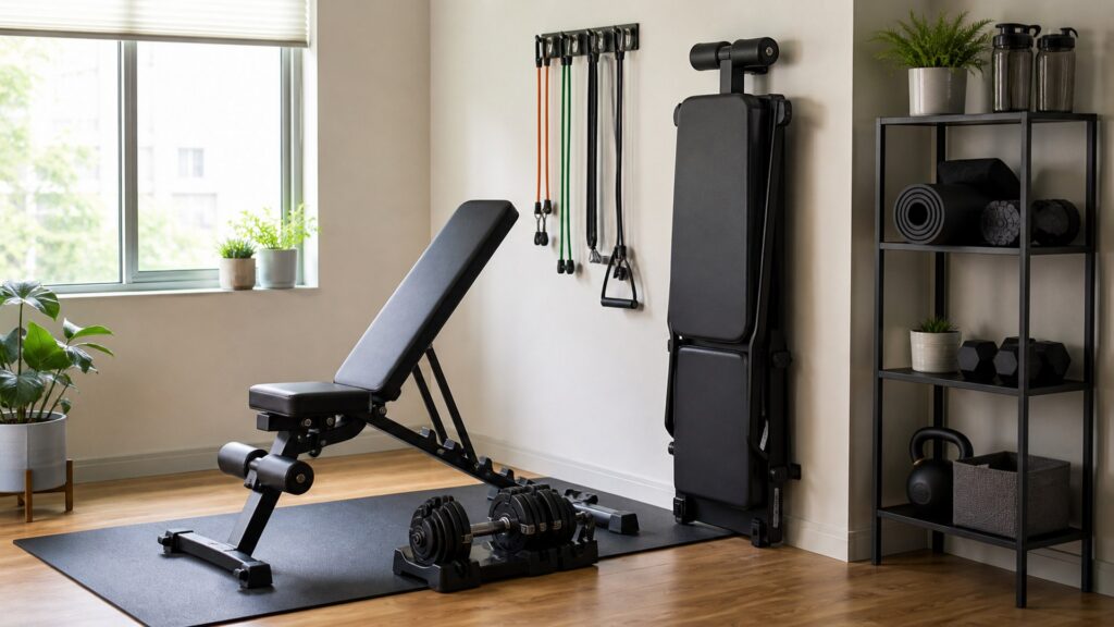 home gym equipment for small spaces arranged in a practical buyer guide scene