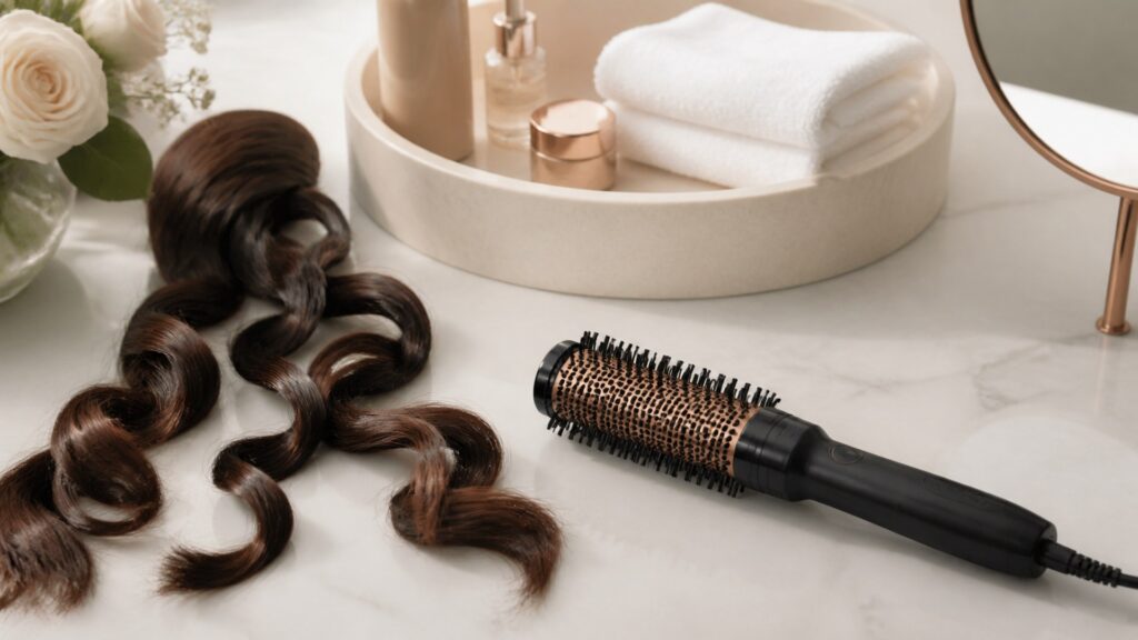 Unbranded editorial arrangement illustrating Hot Brushes Buying Guide for Curl Definition