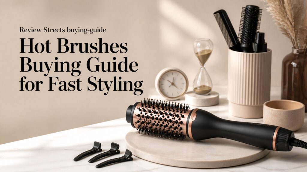 Unbranded editorial arrangement illustrating Hot Brushes Buying Guide for Fast Styling