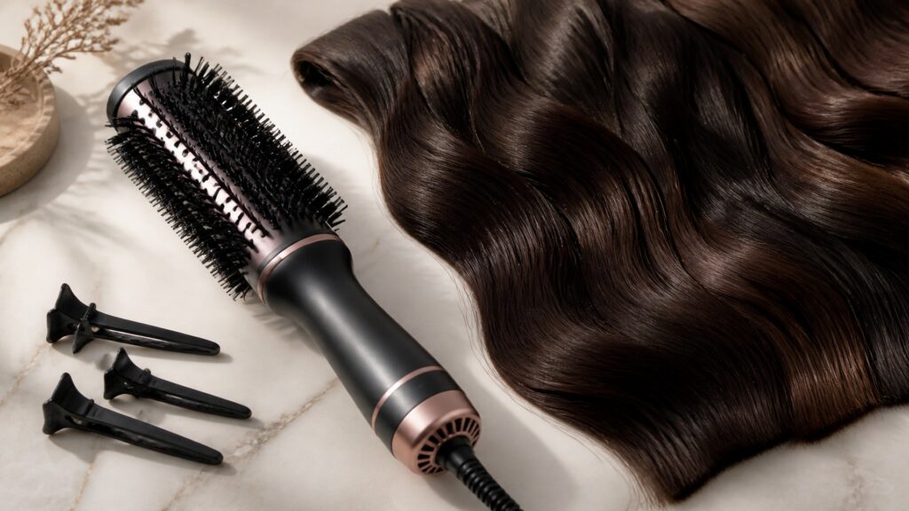 Unbranded editorial arrangement illustrating Hot Brushes Buying Guide for Thick Hair