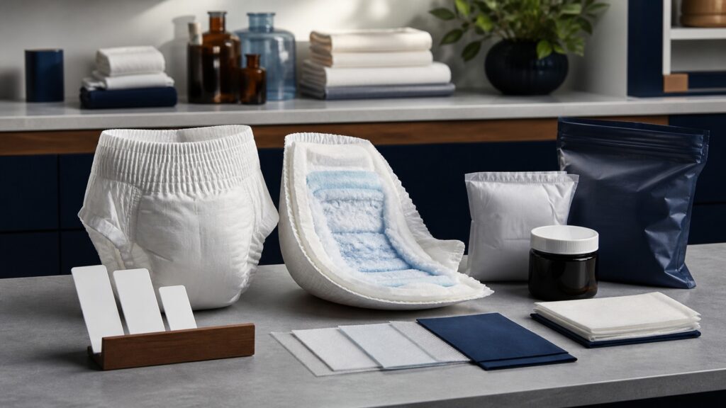 People-free editorial still life illustrating topsheet fluid acquisition absorbent core distribution retention waterproof backing fit containment change and skin care