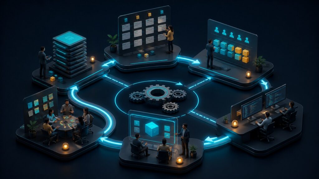 Editorial business scene illustrating agile project management software