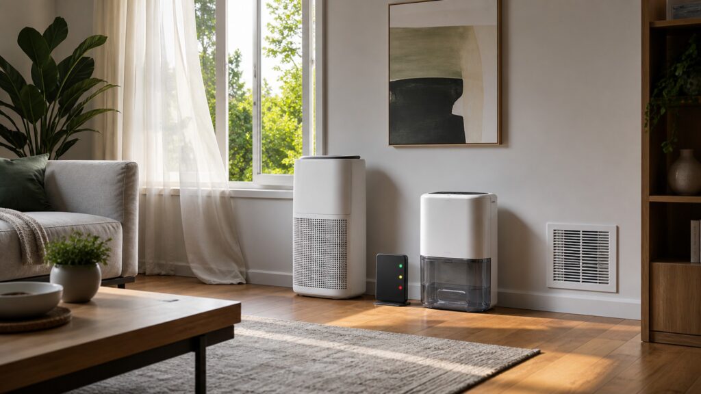 Air purifier, environmental monitor, dehumidifier, open window, and return vent in a modern living room