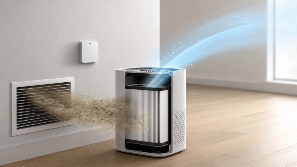 People-free editorial still life illustrating indoor pollutant sensing and removal