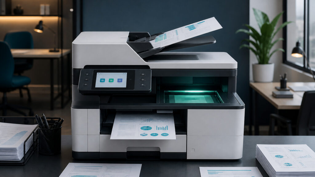 Editorial business scene illustrating all-in-one office printers work