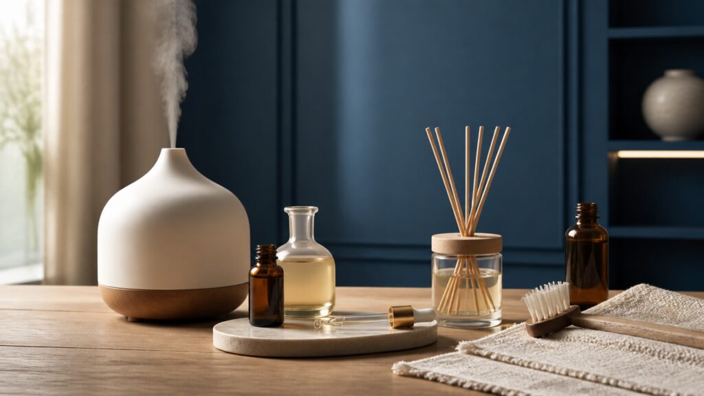 People-free editorial still life illustrating volatile compound dispersion exposure and response pathway