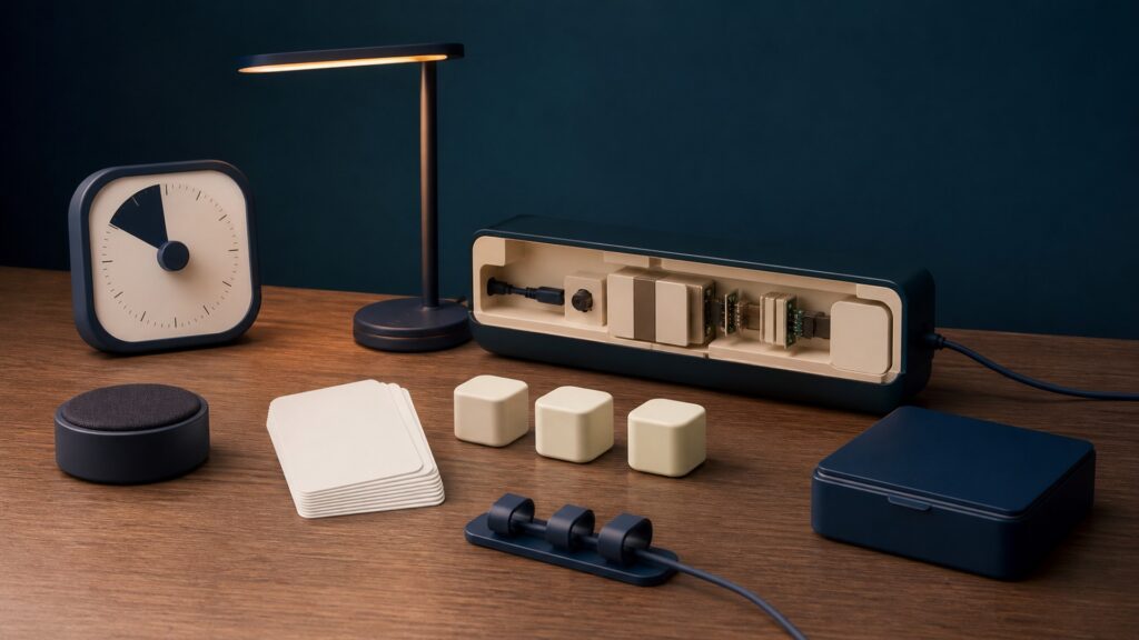 People-free editorial still life for How Attention Support Devices Works