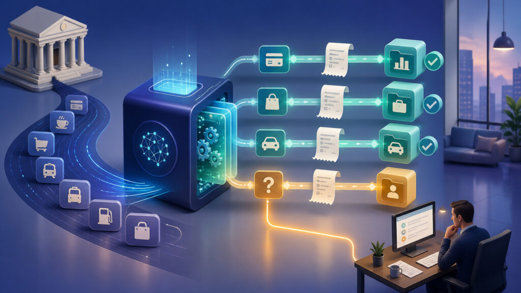Editorial business scene illustrating automated bookkeeping software