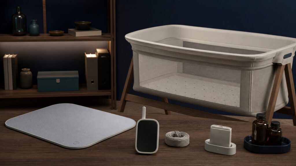 People-free editorial still life illustrating respiratory movement sensor signal acquisition artifact filtering estimated pattern threshold alert caregiver check and clinical escalation