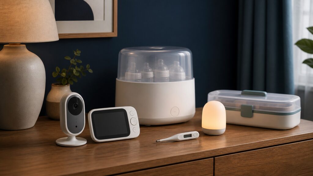 People-free editorial still life illustrating age-specific infant monitoring and care pathways