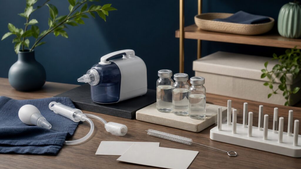 People-free editorial still life illustrating saline loosening shallow tip controlled negative pressure mucus removal airway comfort cleaning drying and symptom review