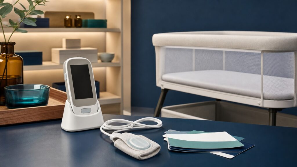 People-free editorial still life illustrating light emitter tissue absorption reflected signal photoplethysmography pulse waveform estimated saturation threshold alert and caregiver response