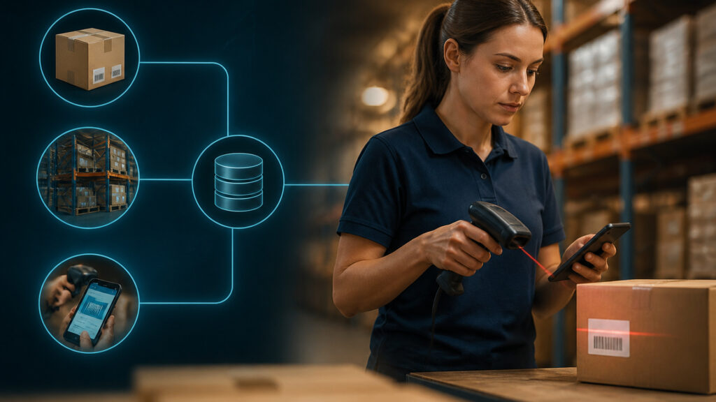 Editorial business scene illustrating barcode inventory systems work
