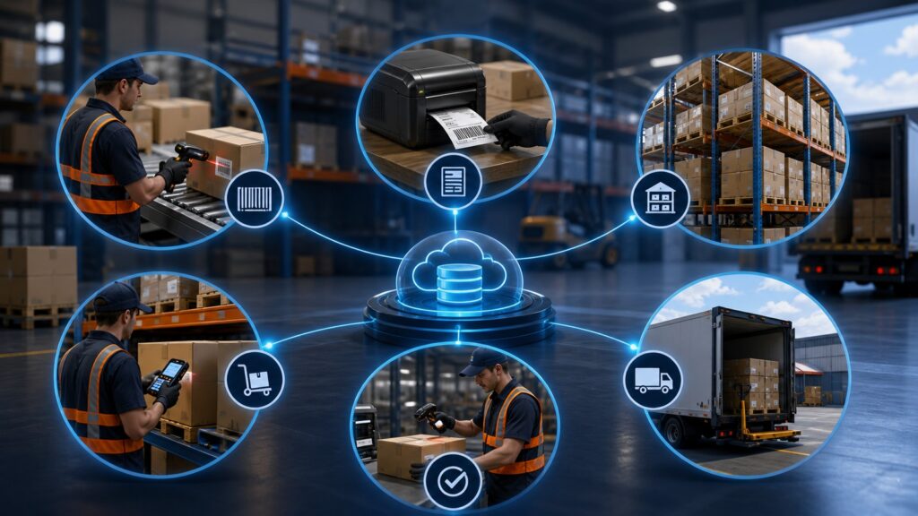 Editorial business scene illustrating barcode inventory systems work