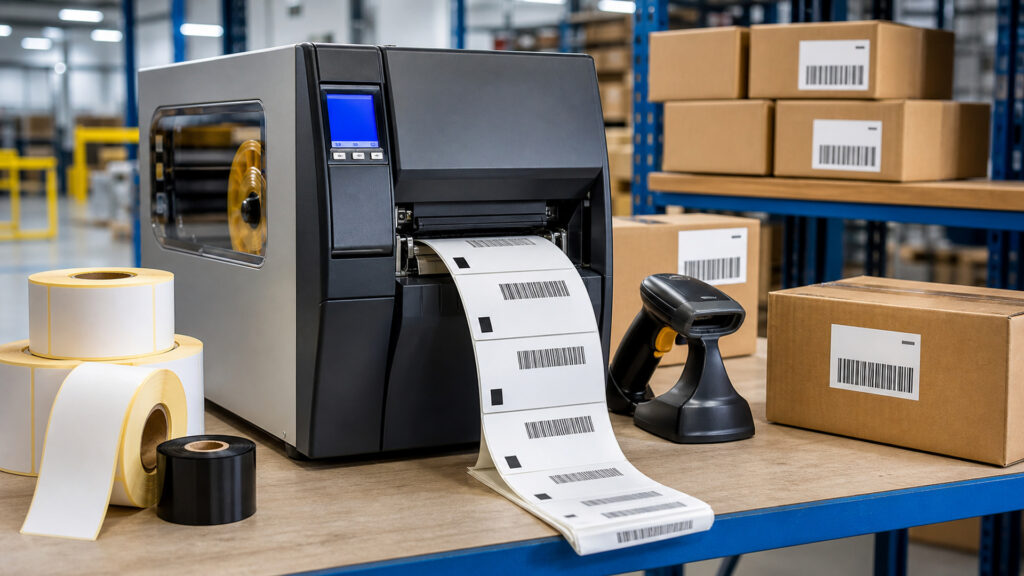Editorial business scene illustrating barcode label printers work