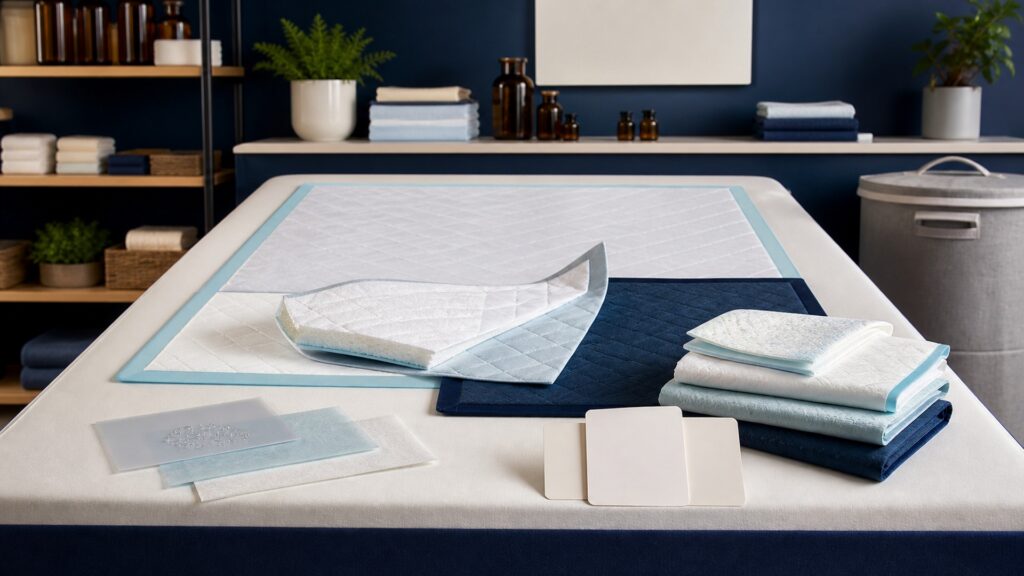 People-free editorial still life illustrating permeable surface fluid acquisition absorbent layer lateral spread retention waterproof backing mattress protection and change