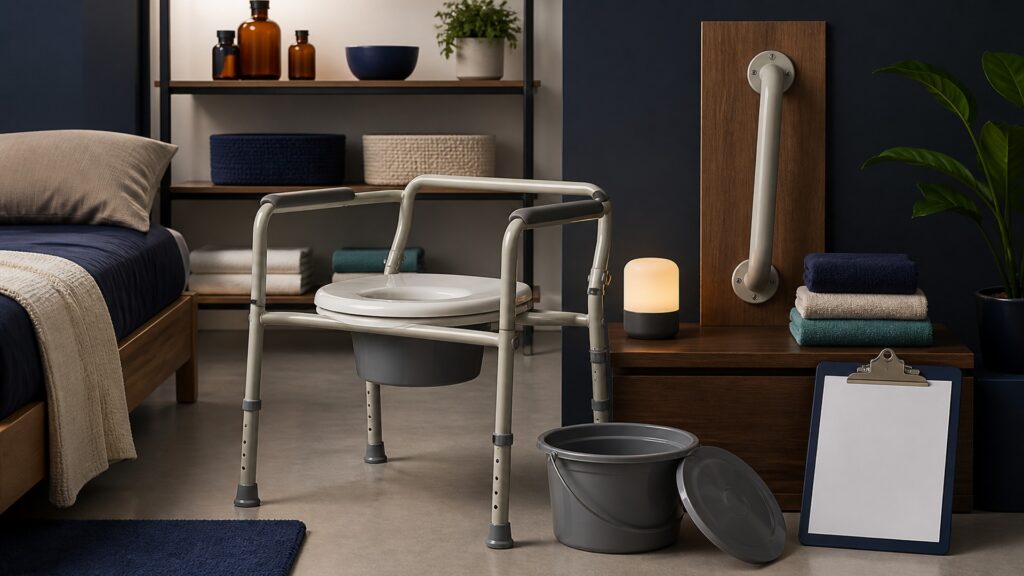 People-free editorial still life illustrating shorter toileting distance stable frame seat height arm supports transfer setup waste container hygiene and reassessment