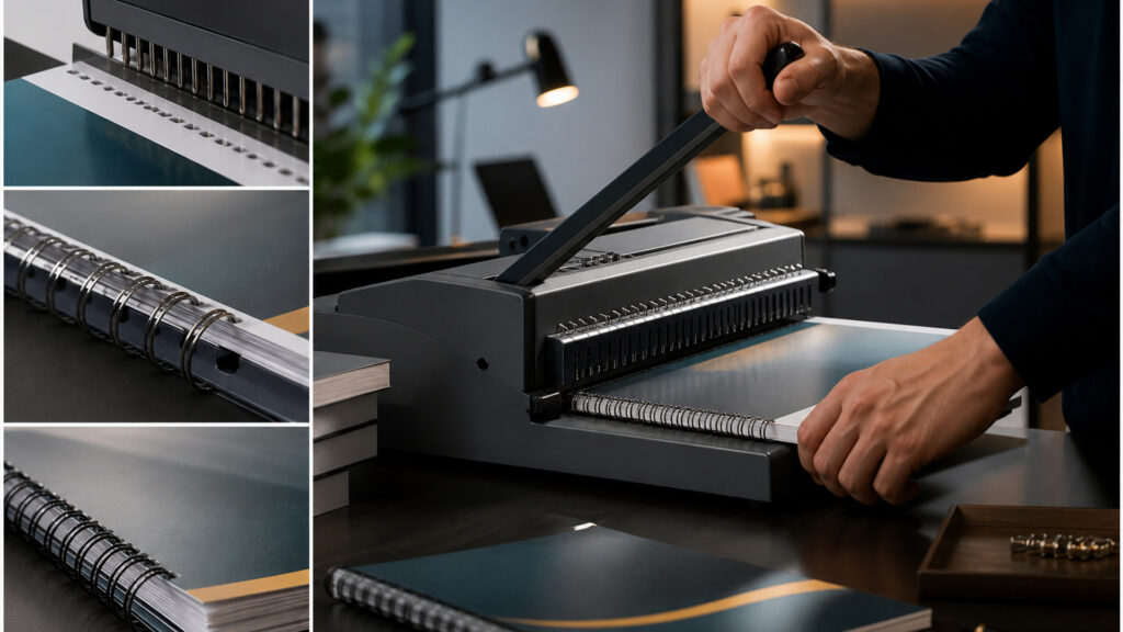 Editorial business scene illustrating binding machines work