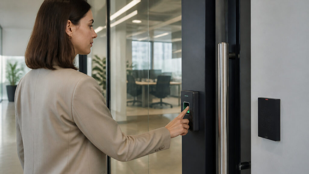 Editorial business scene illustrating biometric access control systems work