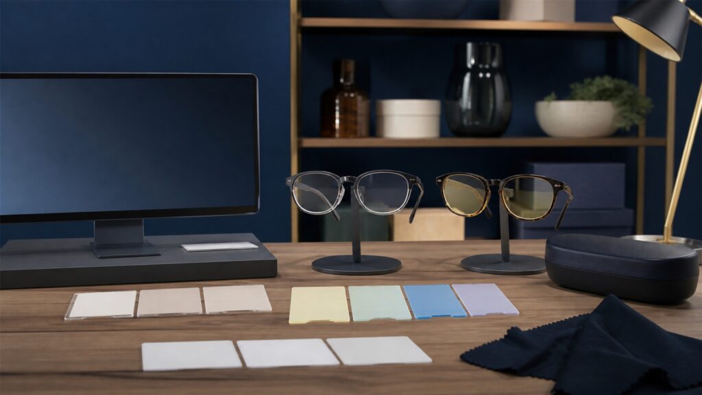 People-free editorial still life illustrating lens transmission spectral filtering glare and color tradeoff task exposure symptom pathway and evidence review
