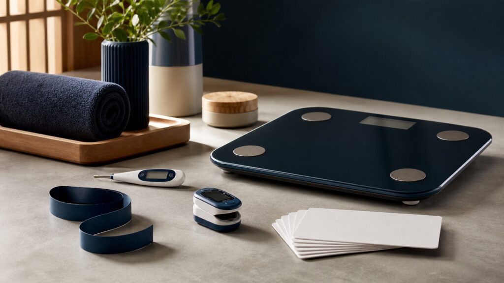People-free editorial still life illustrating physical property sensor conversion display recording and trend pathway