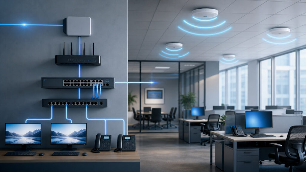 Editorial business scene illustrating business internet & networking solutions