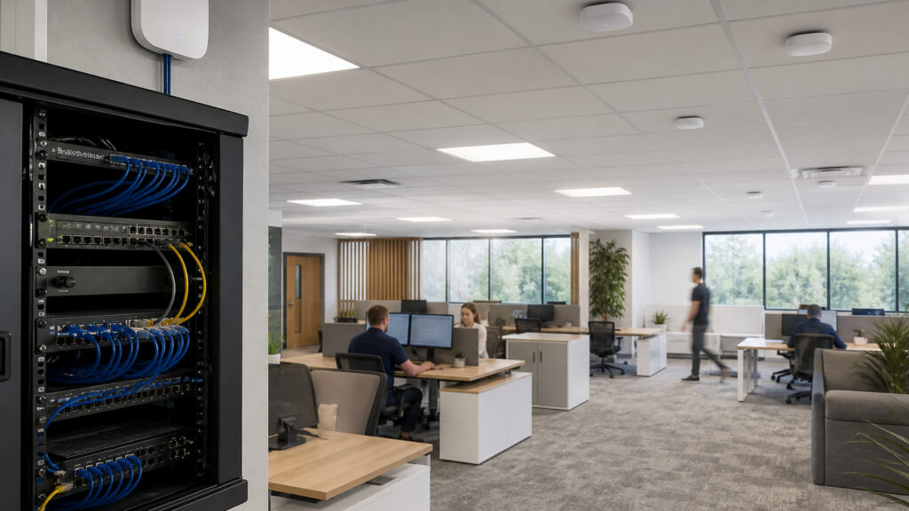 Editorial business scene illustrating business mesh wifi systems work