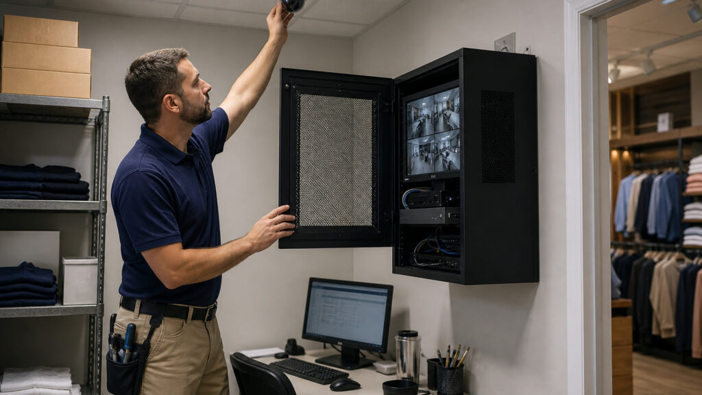 Editorial business scene illustrating business security camera systems work