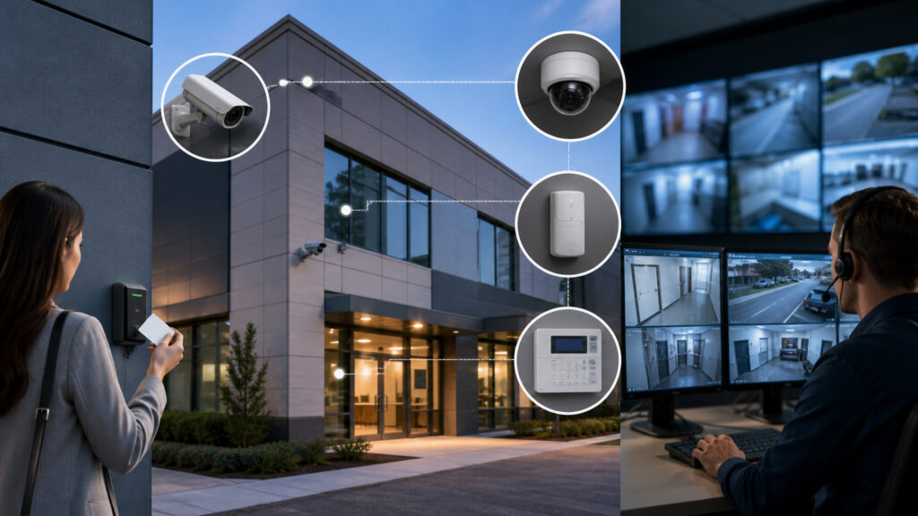 Editorial business scene illustrating business security systems