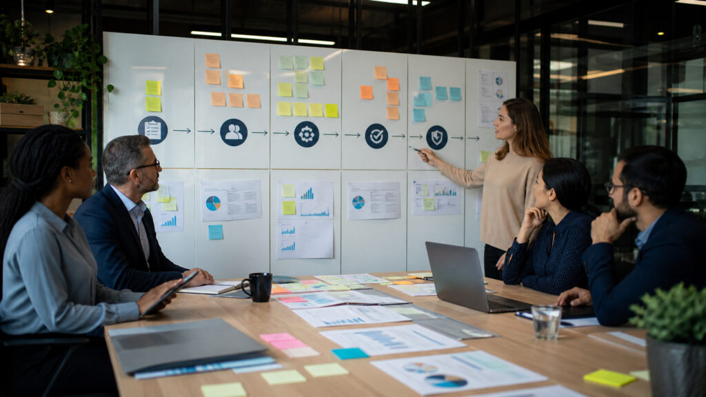 Editorial business scene illustrating business services