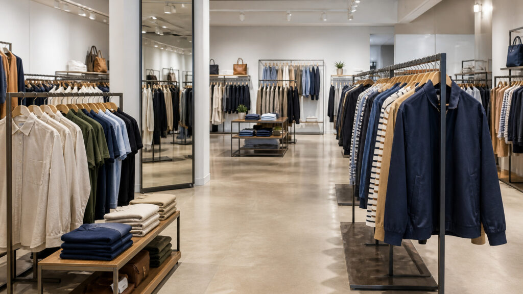 Editorial business scene illustrating clothing store fixtures work