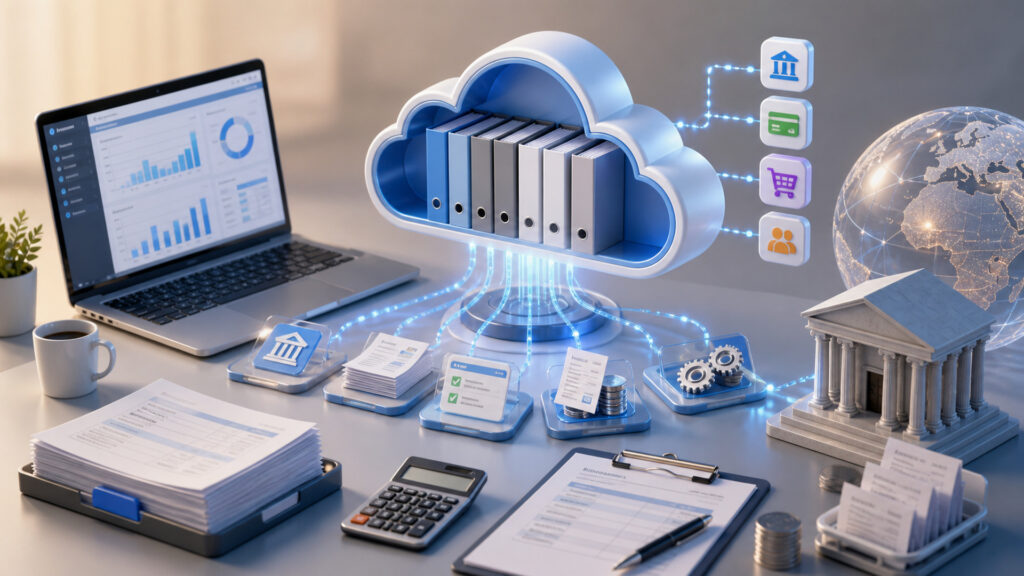 Editorial business scene illustrating cloud accounting software