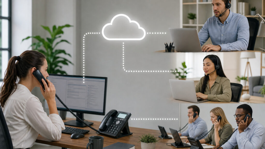 Editorial business scene illustrating cloud call routing systems work