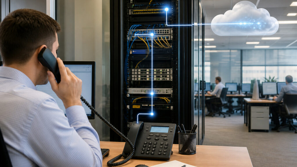 Editorial business scene illustrating cloud voip systems work