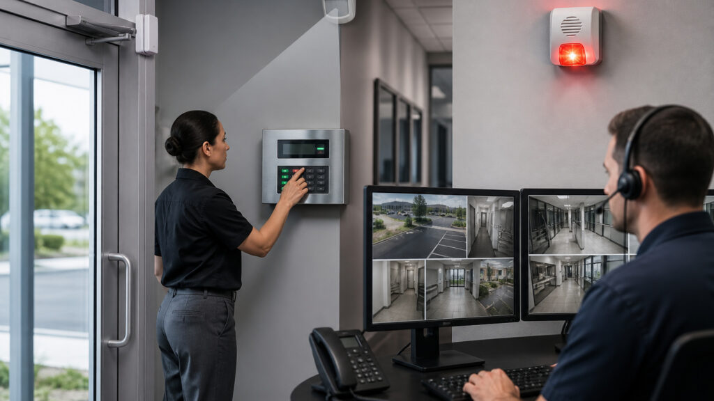 Editorial business scene illustrating commercial alarm systems work