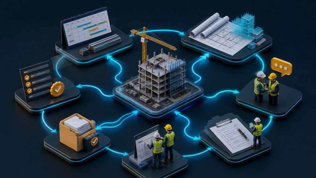 Editorial business scene illustrating construction project management software