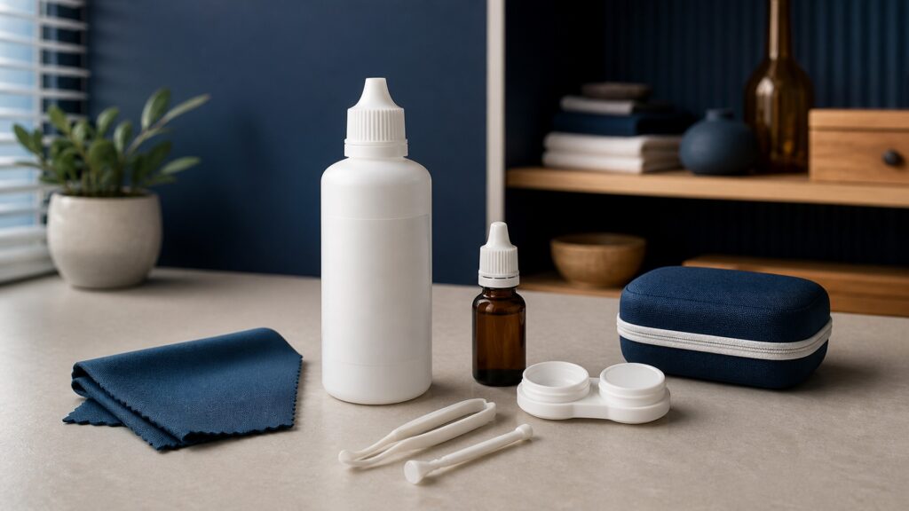 People-free editorial still life illustrating compatible product cleaning disinfection neutralization storage insertion removal and contamination-control pathway