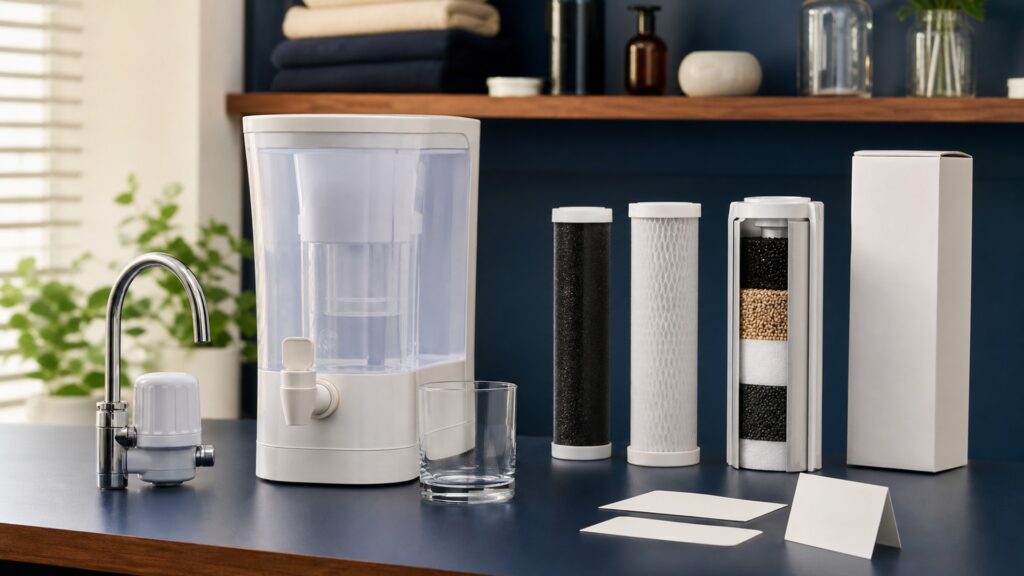 People-free editorial still life illustrating source water target contaminant filter media contact time capture or adsorption treated water capacity maintenance and verification