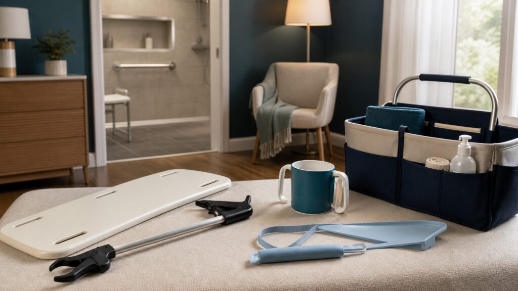 People-free editorial still life illustrating positioning transfer feeding and dressing assistance pathways
