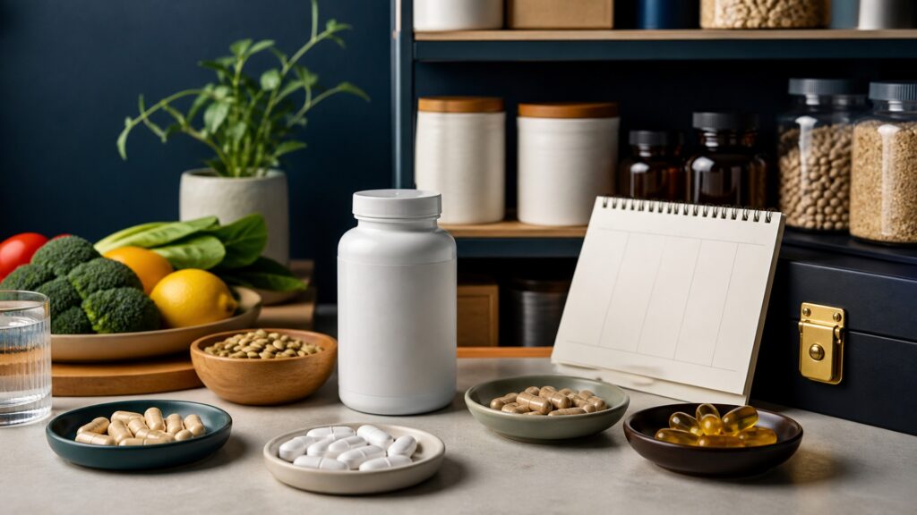 People-free editorial still life illustrating dietary gap ingredient amount total intake absorption storage and periodic-need review pathway