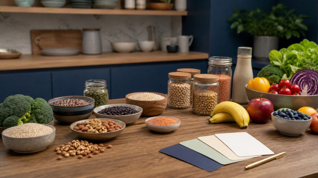 People-free editorial still life illustrating food composition portion meal pattern and sustained intake pathway
