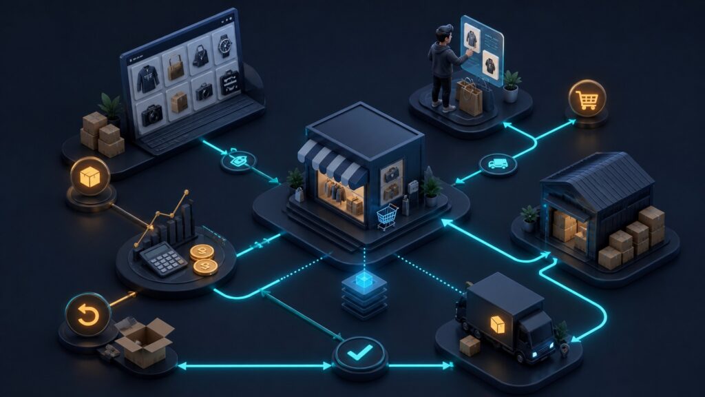 Editorial business scene illustrating dropshipping platforms work