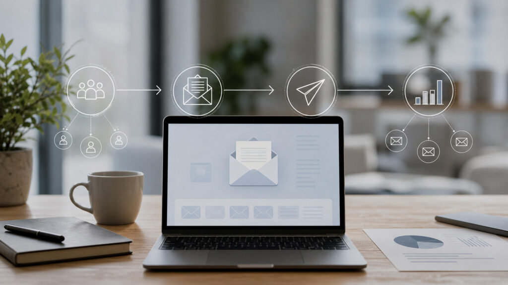 Editorial business scene illustrating email marketing software