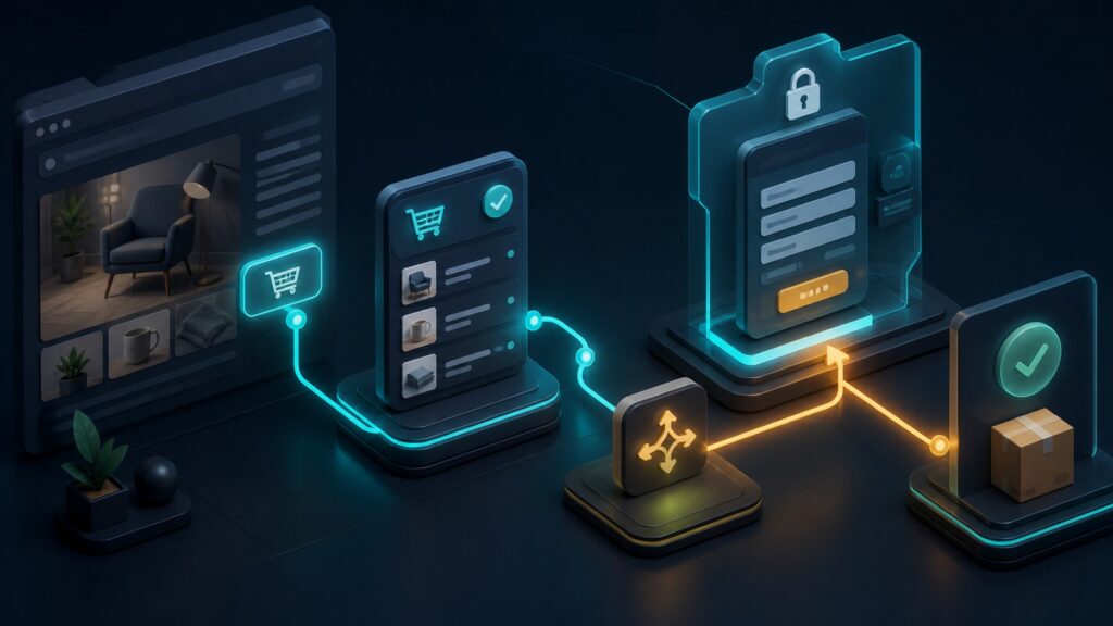 Editorial business scene illustrating embedded shopping cart tools work