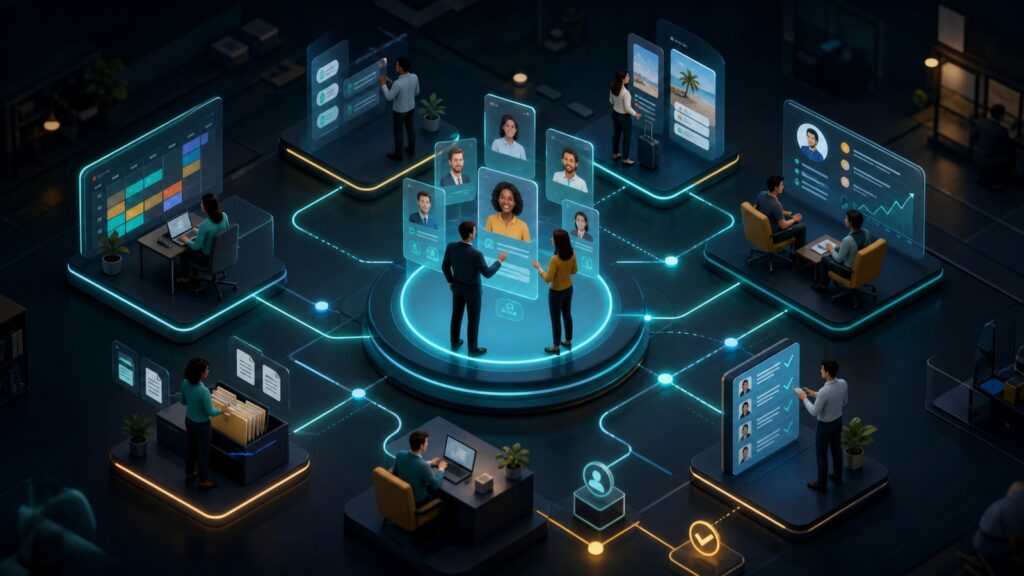 Editorial business scene illustrating employee management software