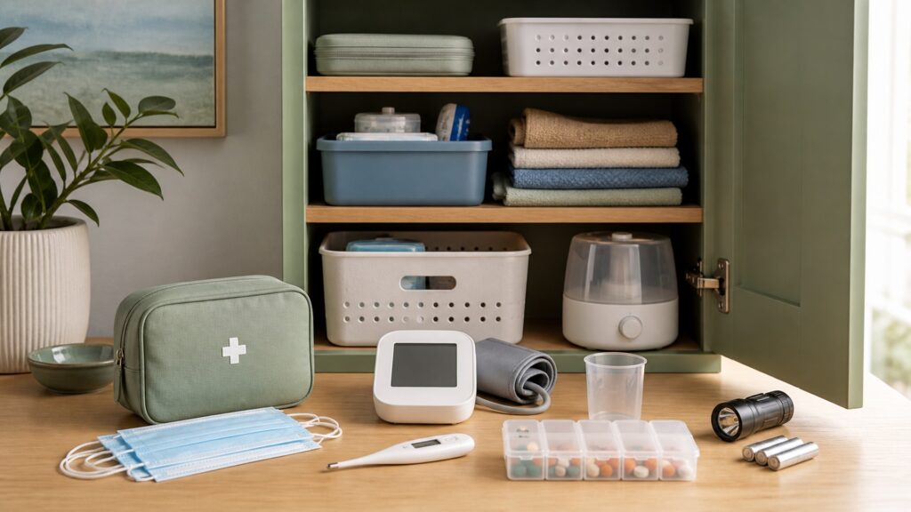 People-free family health cabinet with thermometer, monitor, first-aid supplies, humidifier, and organized emergency items