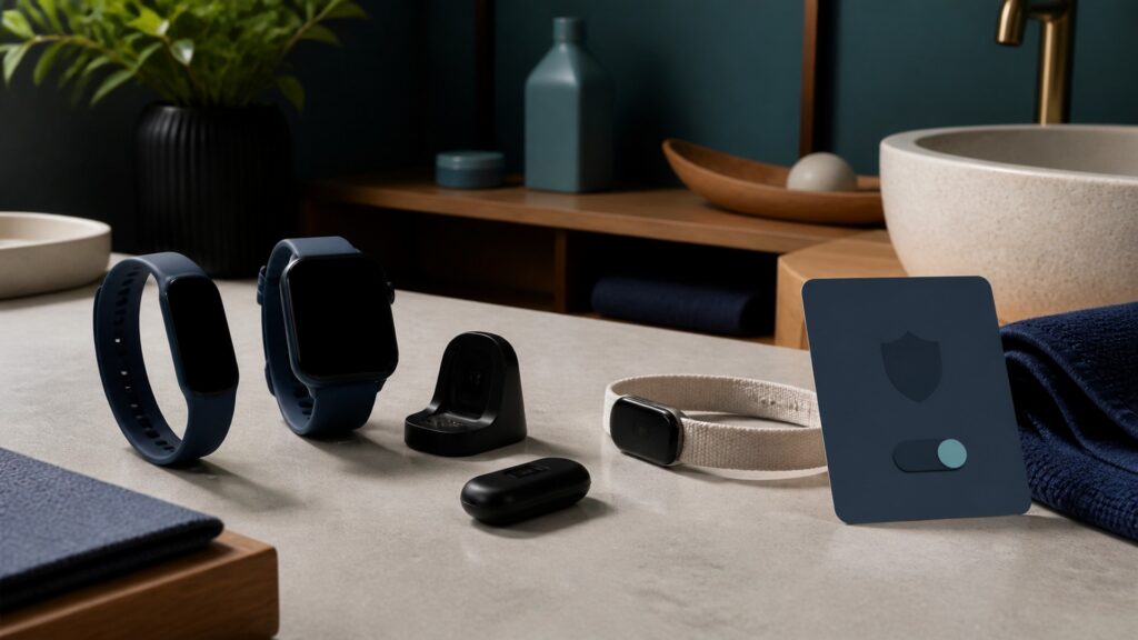 People-free editorial still life illustrating wearable sensor sampling algorithm estimate synchronization and trend pathway